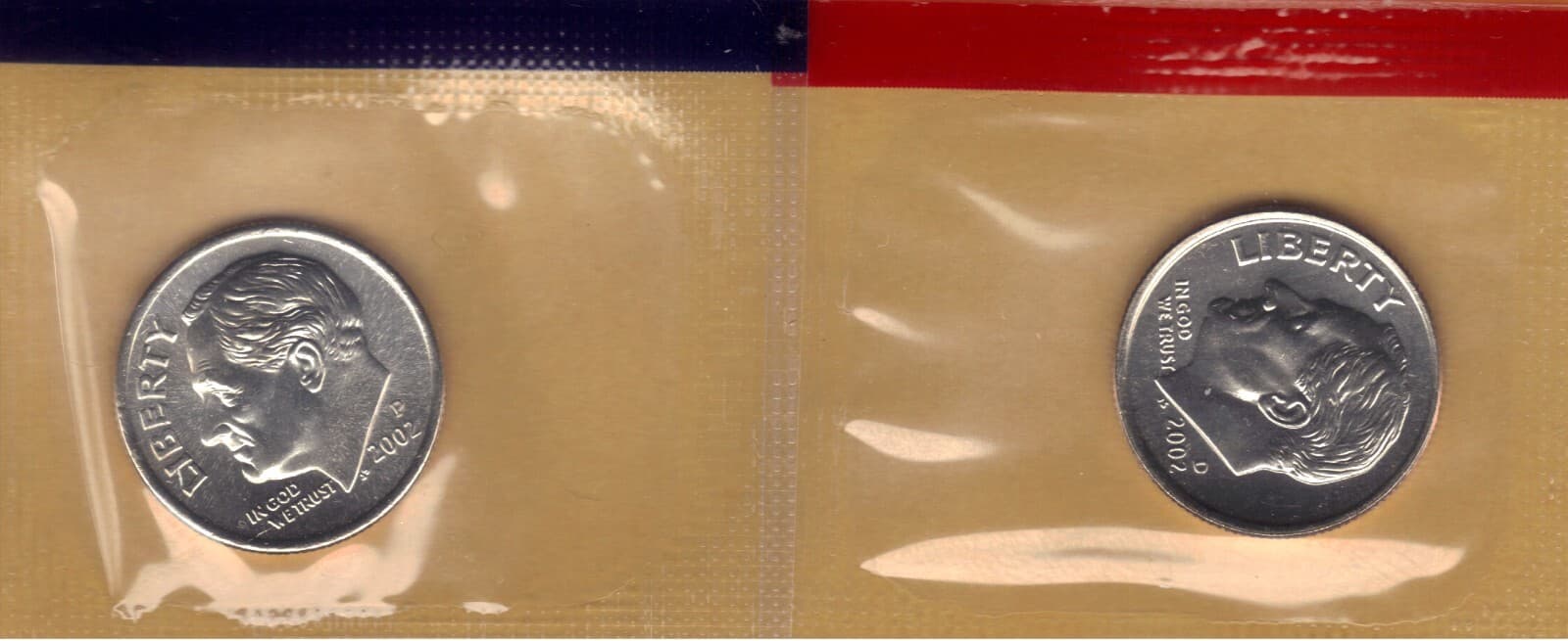 2002-P & D UNCIRCULATED BU ROOSEVELT DIMES IN MINT SET CELLO (2 coins)