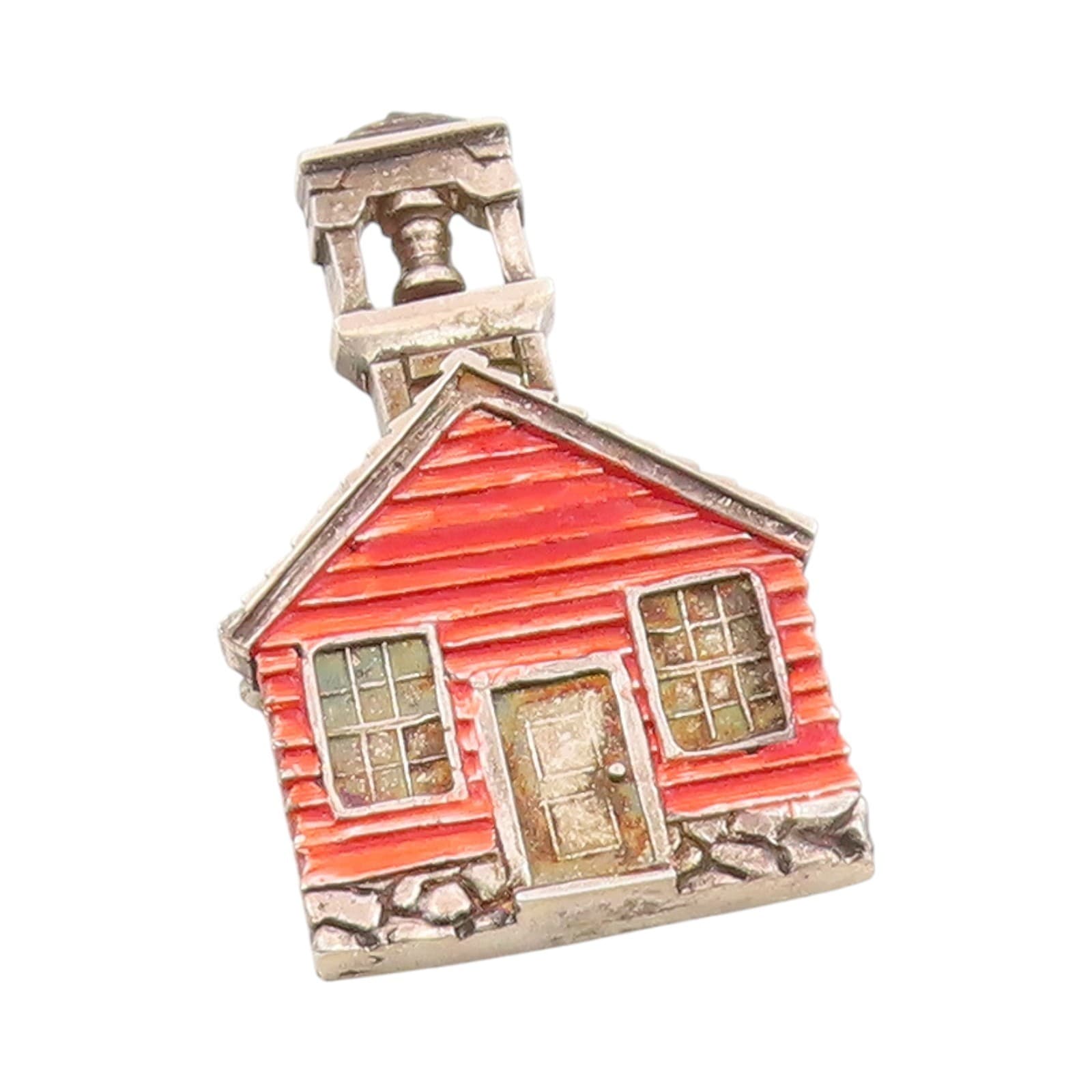 925 Sterling Silver Vintage Brooch Red Enameled Schoolhouse With Bell BP12046