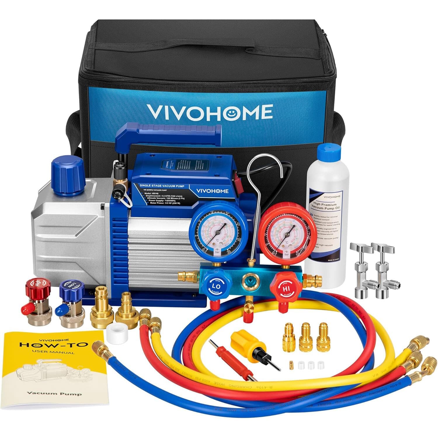 4.5CFM 1/3HP Air Vacuum Pump AC Manifold Gauge Set R32 R1234yf R134a R22 R410a