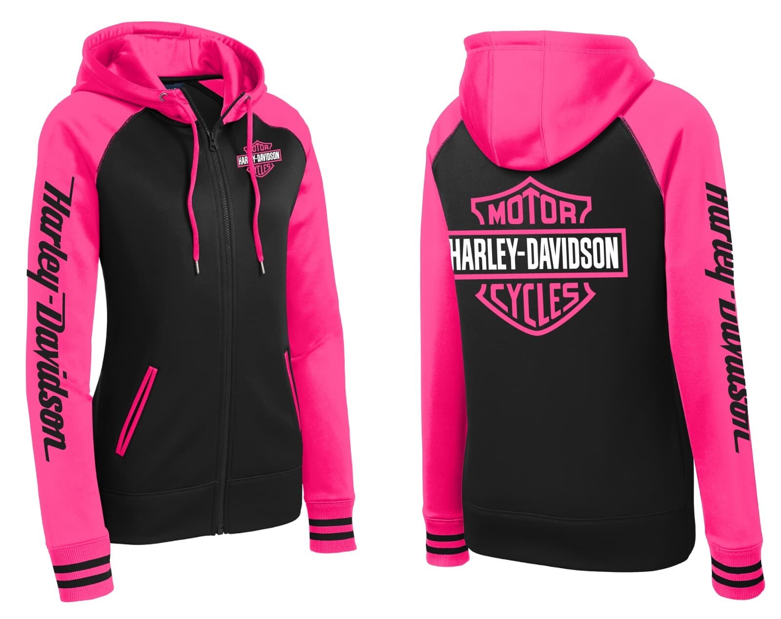 Neon Pink Black Zip Hoodie Harley Davidson Biker Mama Wife Gift Zip Sweatshirt
