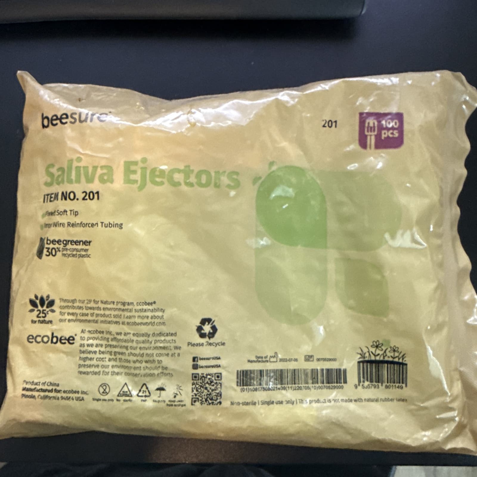 Be201 Saliva Ejectors Disposable Green With White Tip pack Of 100