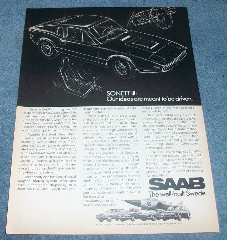 1970 Saab Sonett III Vintage Ad "Our Ideas Are Meant To Be Driven"