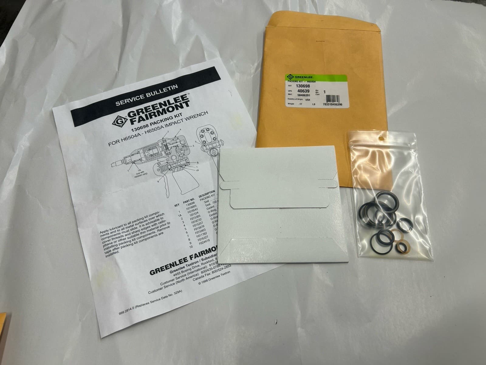 New Greenlee 130698 Packing Seal Kit for H6505A Hydraulic Impact Wrench Repair
