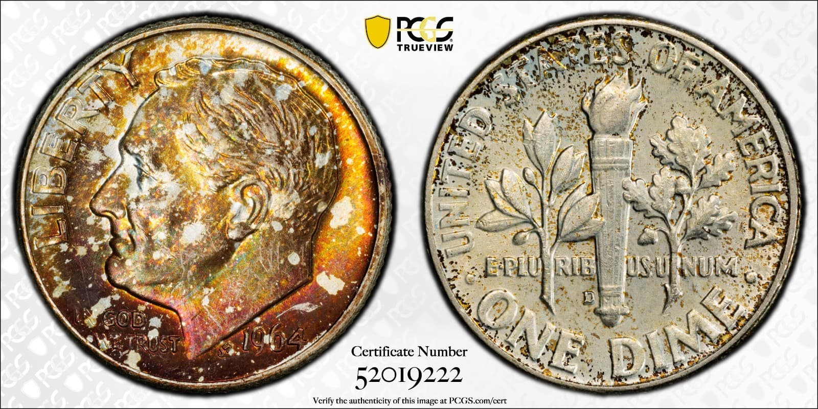 1964 D Roosevelt Dime PCGS MS64 Toned.