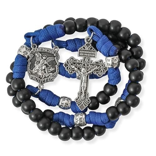 St. Michael Blue Paracord Rosary Black Beads Corded Rosary Pardon Cross
