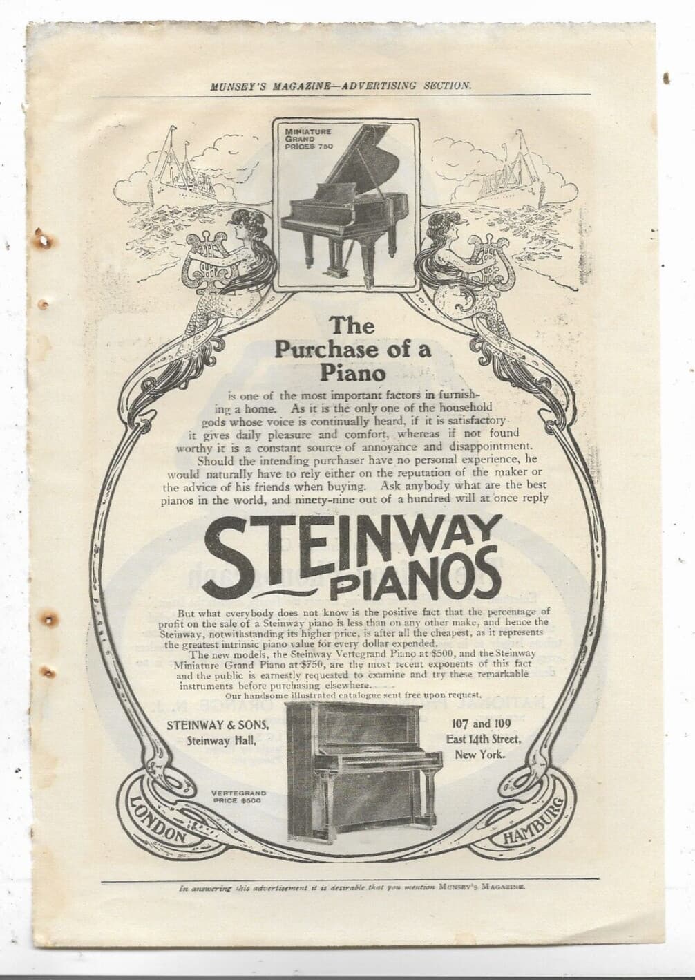 STEINWAY GRAND PIANOS THE EDISON PHONOGRAPH 1904 MUNSEY'S MAGAZINE Print Ads 12