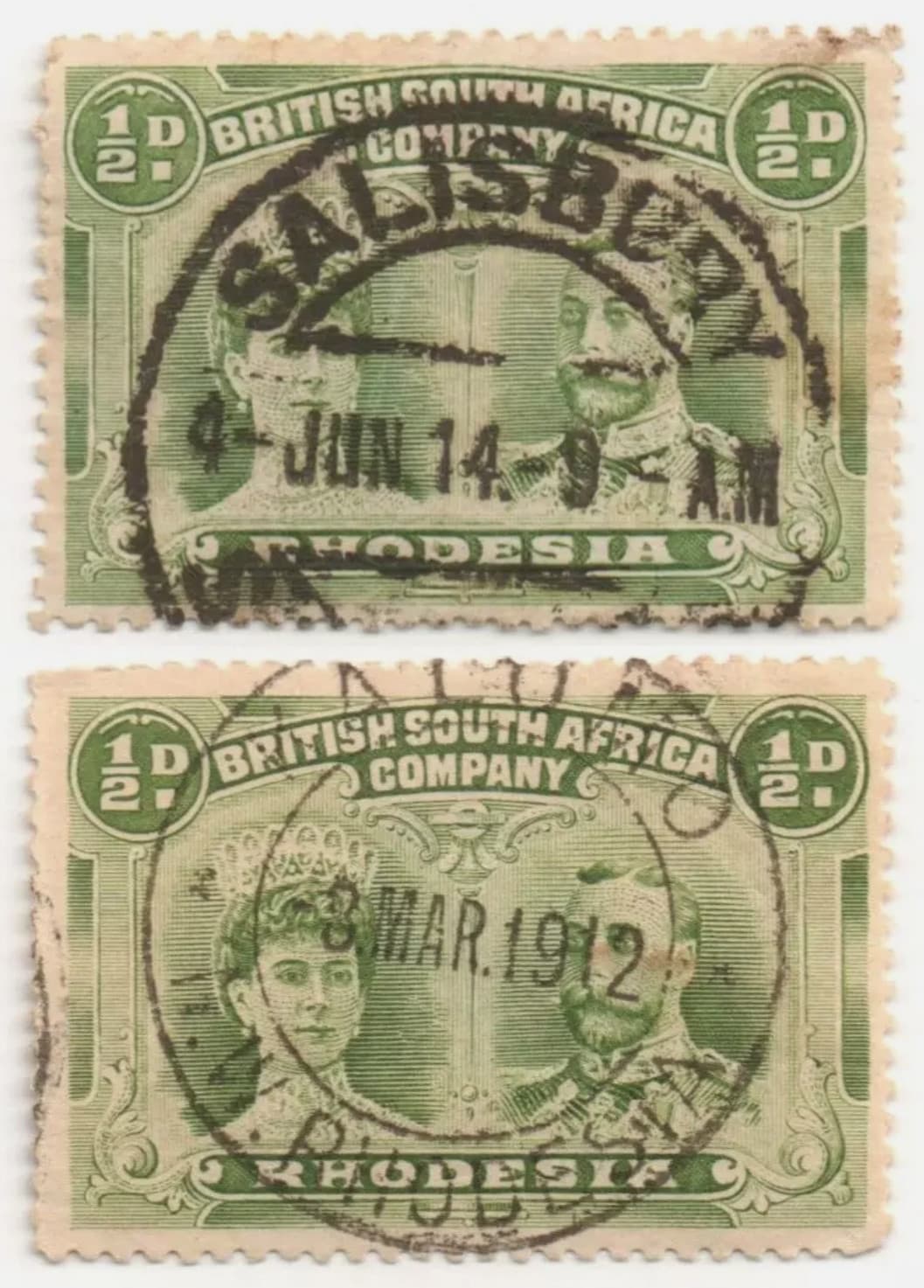 RHODESIA (BSA) 1910 KGV SG122 x2 ½d green, used F/VF SCV £160