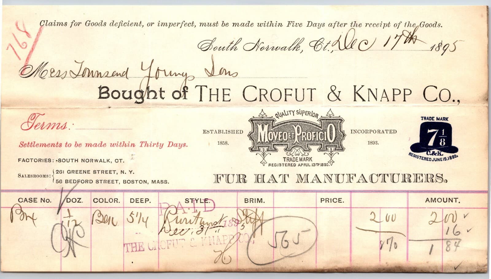 Crofut & Knapp C&K Norwalk, CT Fur Hat Manufacturers 1895 Billhead Scarce