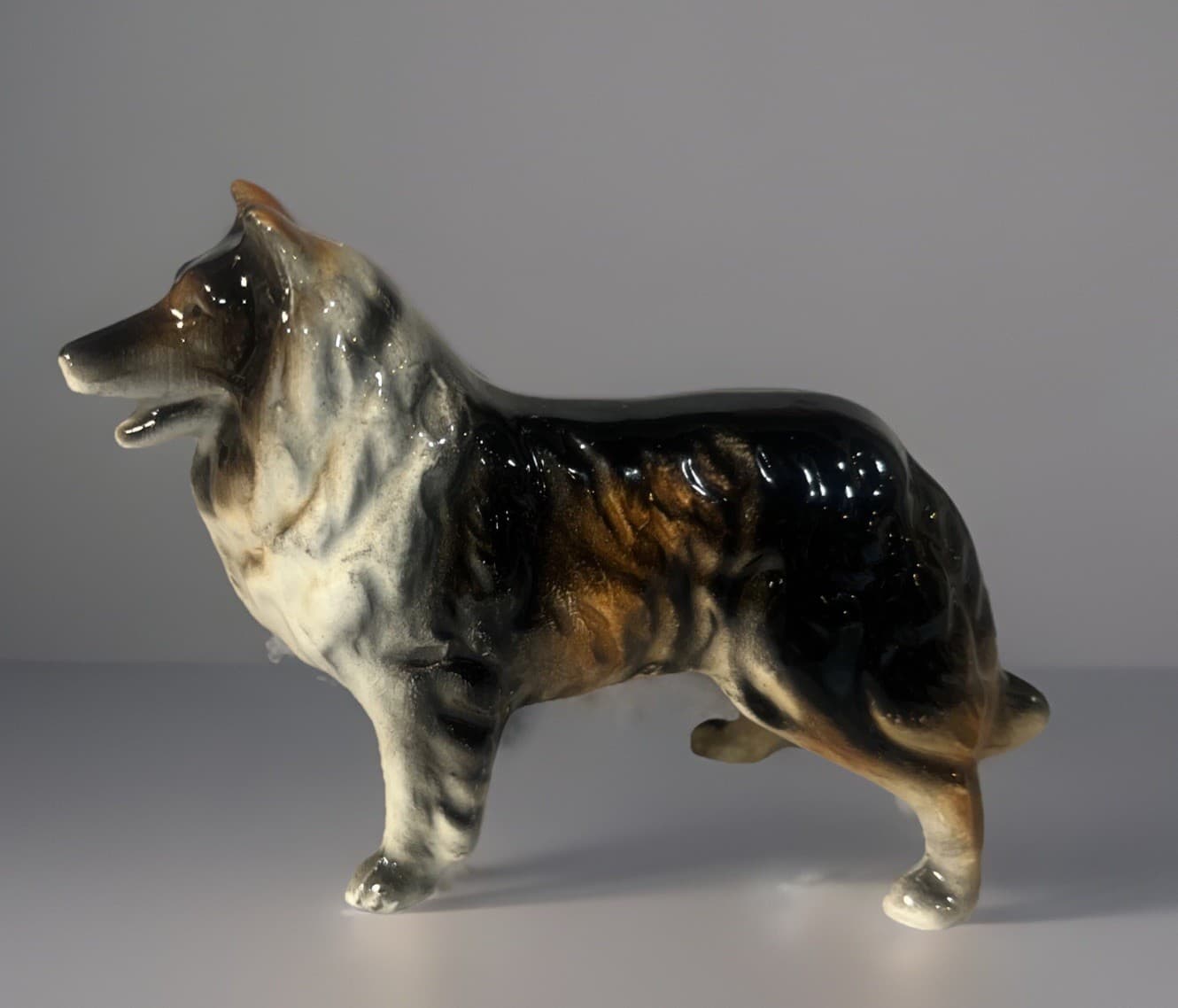 Vintage Porcelain Collie/Lassie Figurine Black Face Mouth Open Japan 5.5” X 4”