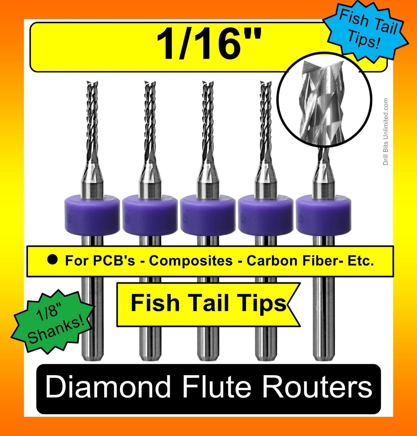 1/16" Kyocera PCB Router Bit Diamond Flute FR4 G10 Carbon Fiber FIVE PCS. CNC