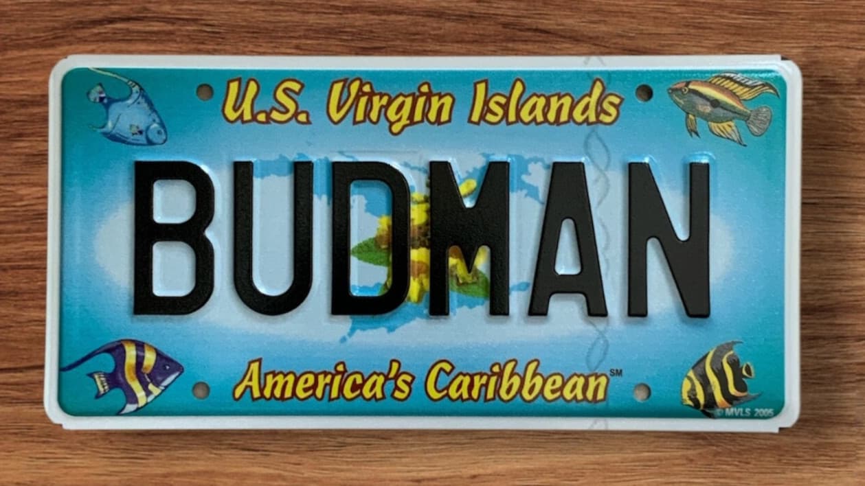 USVI VIRGIN ISLANDS GRAPHIC VANITY LICENSE PLATE " BUDMAN " BUD BEER BUDWEISER