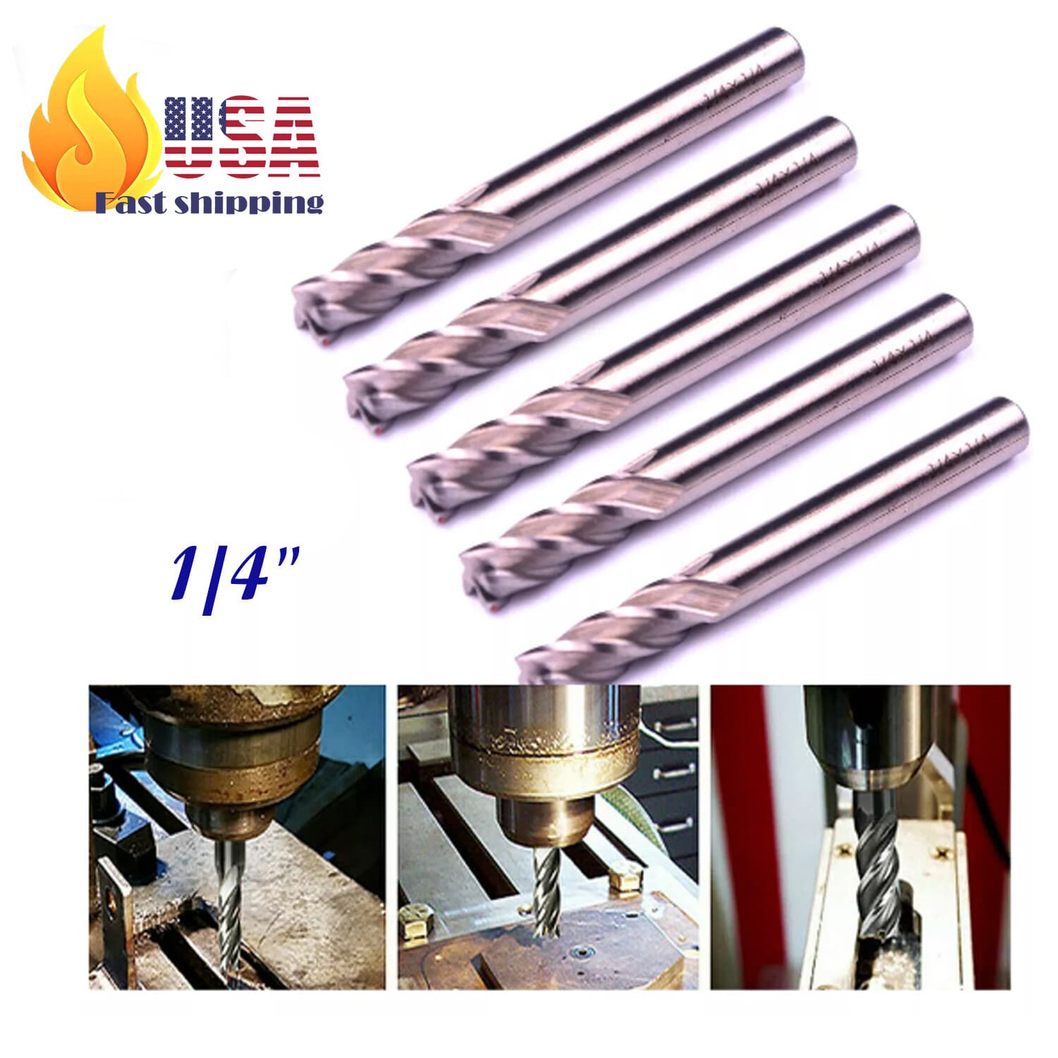 LSTOPGO 5Pcs 1/4"x1/4" HSS End Mill Cutter Square Nose End Mills, Inch, R Hand