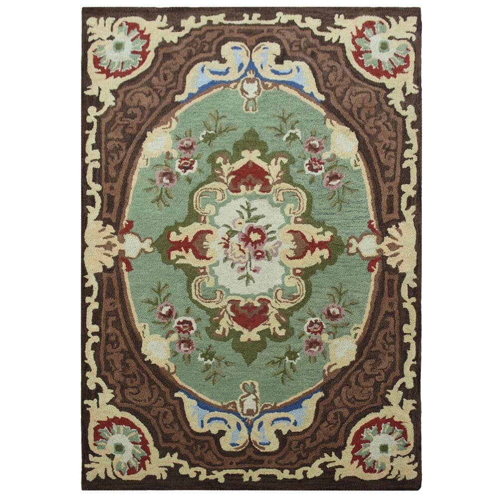Geometric Victorian Style Aubusson Green Area Rug Hand-tufted Wool All Sizes