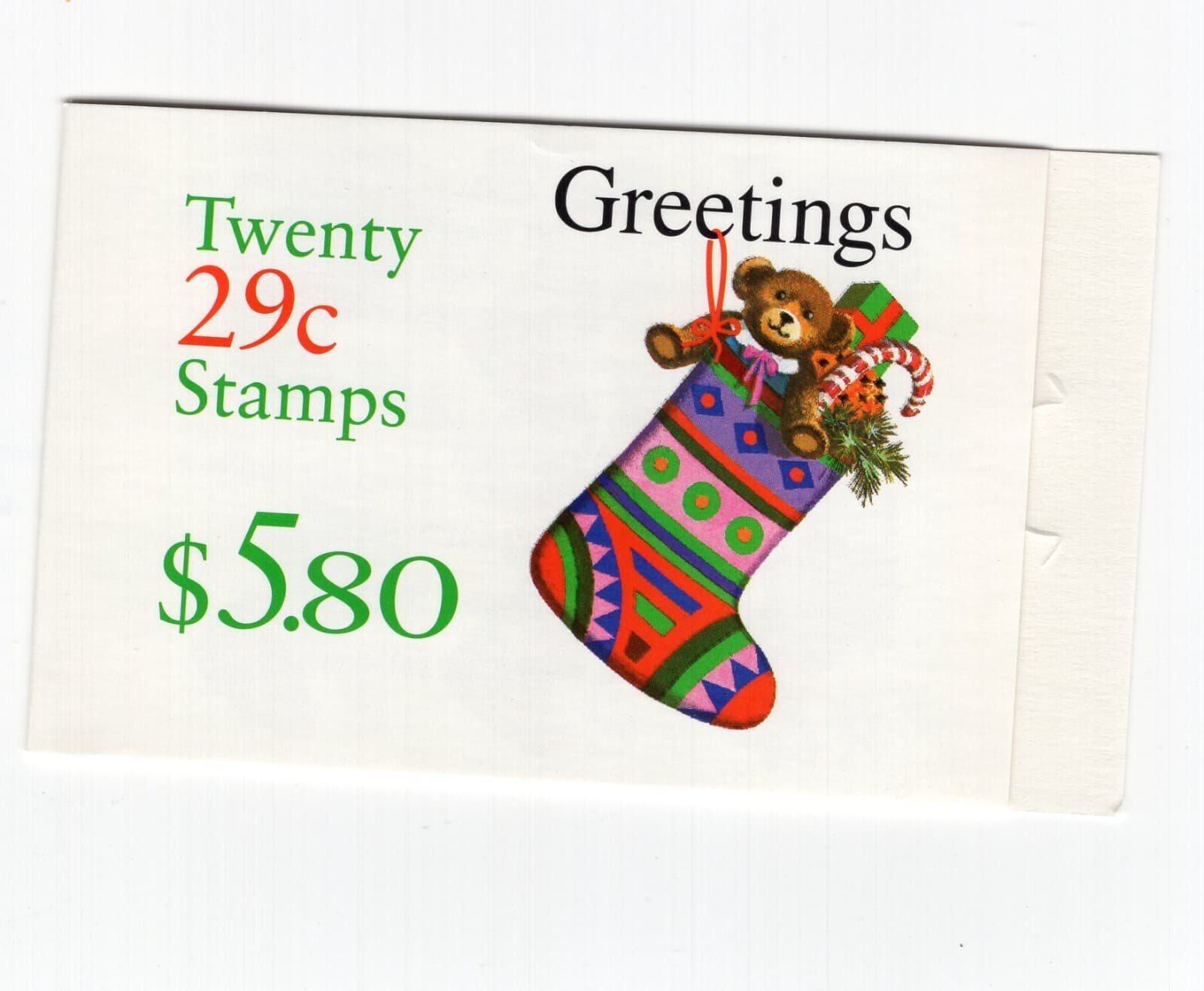 1994 29 cent Christmas Stocking complete booklet of 20 Scott #BK218, Mint NH