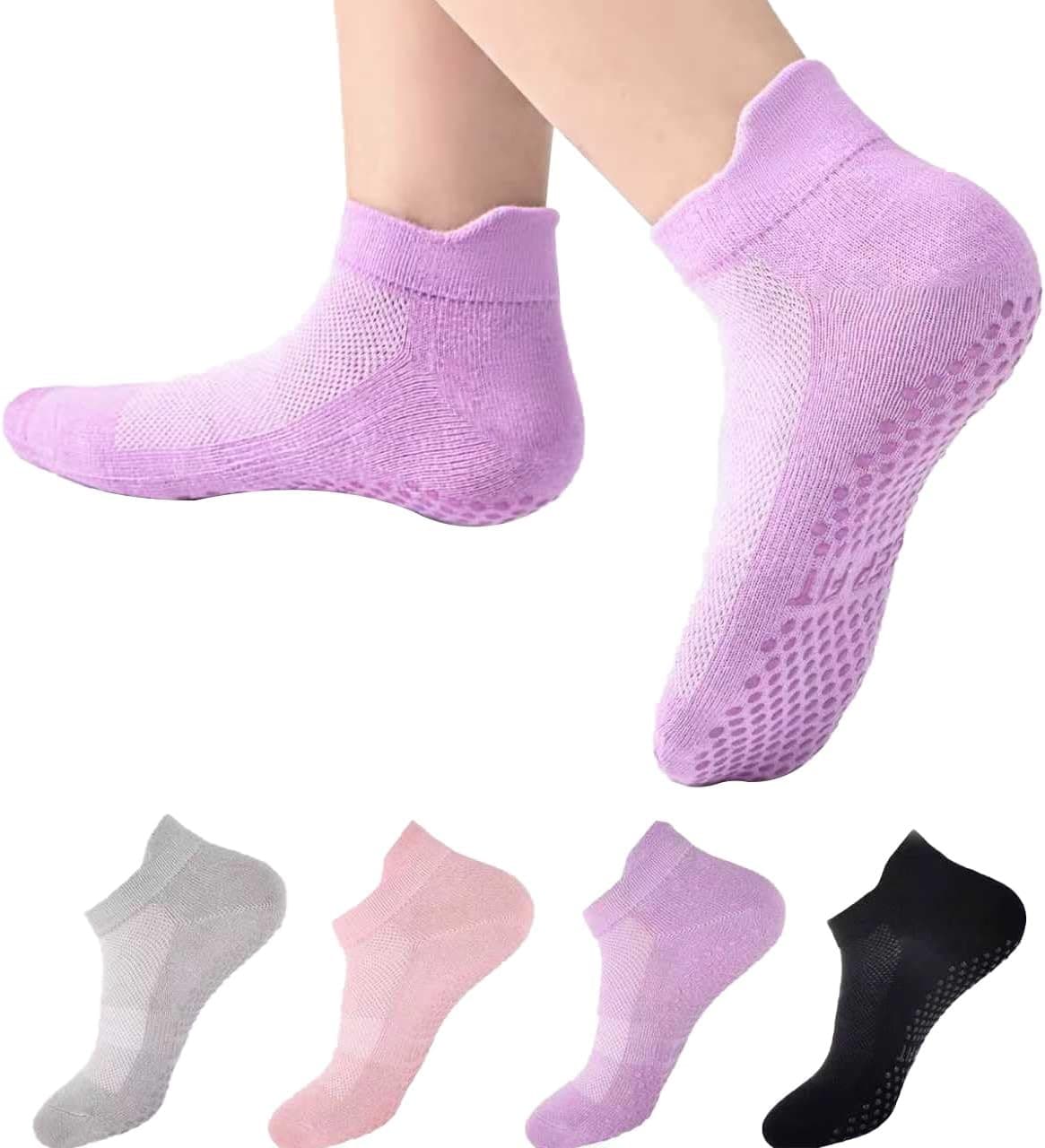 4 Pairs Non Slip Grip Socks for Women Pilates Yoga Barre Workout Anti Skid Cotto