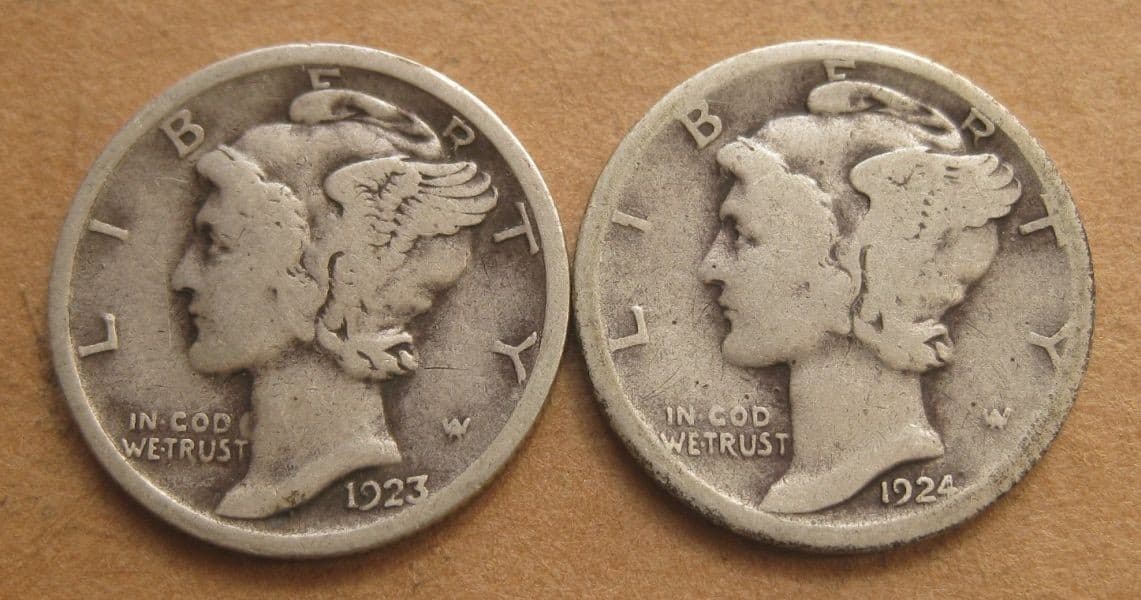 1923 and 1924 Circulated Mercury Dimes - 90% Silver Coins - Early Dates