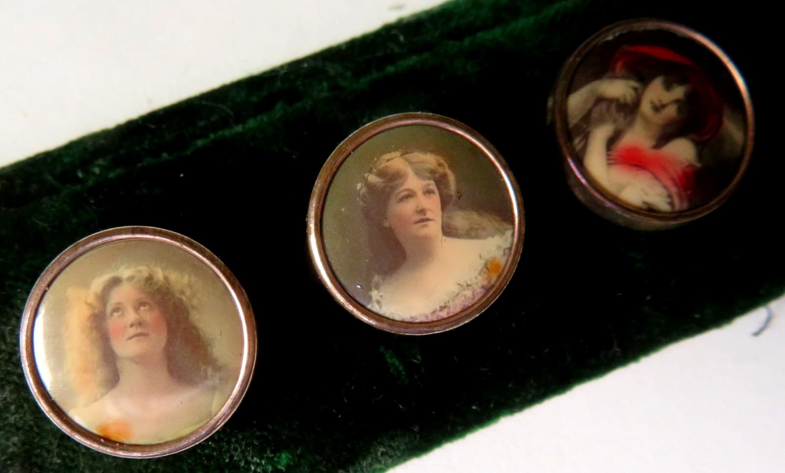 ANTIQUE 3 BRASS SMALL BUTTONS.WITH CELLULOID LADY PORTRAITS.