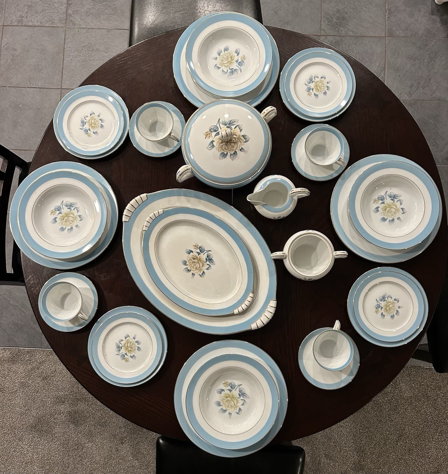 Vintage Narumi China Japan Yellow RoseN258Dinnerware Set-67Pieces BlueTrimGoldEd