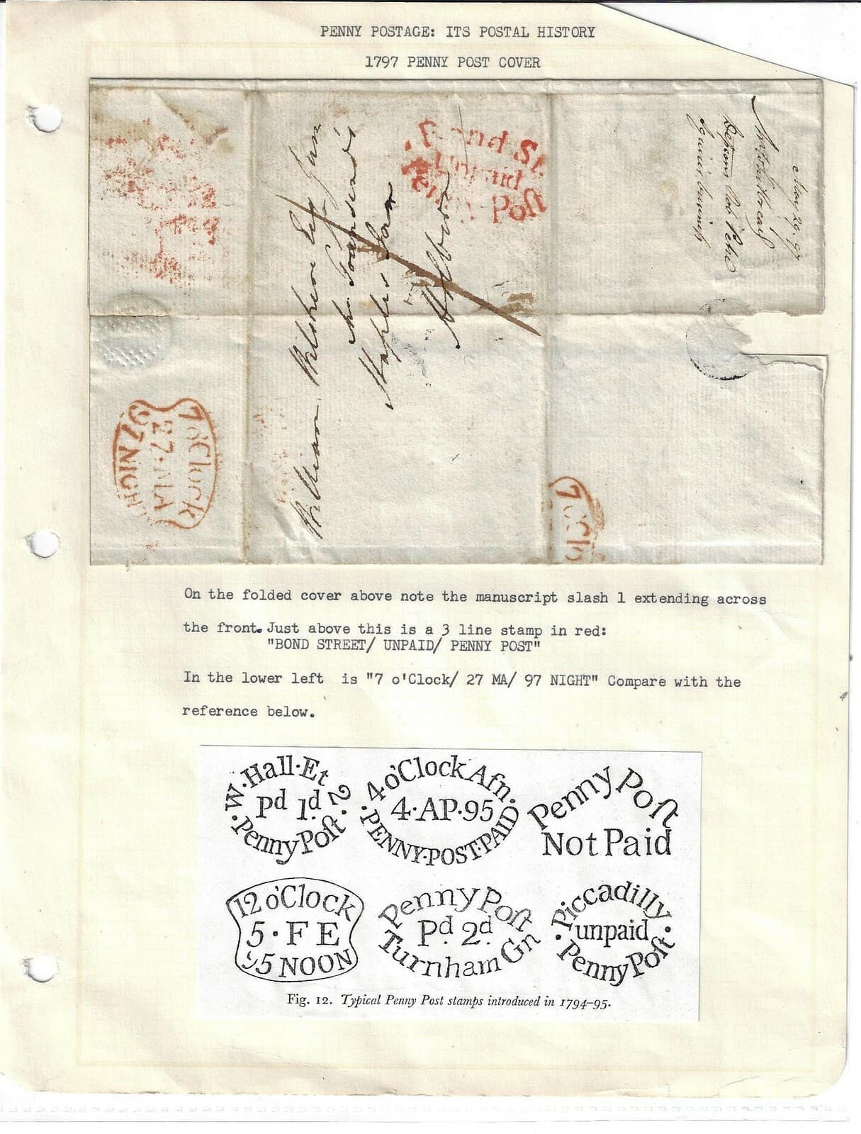 UK GB 1797 PENNY POST COVER HANDSTAMP IN RED BOND STREET UNPAID PENNY POFT ON