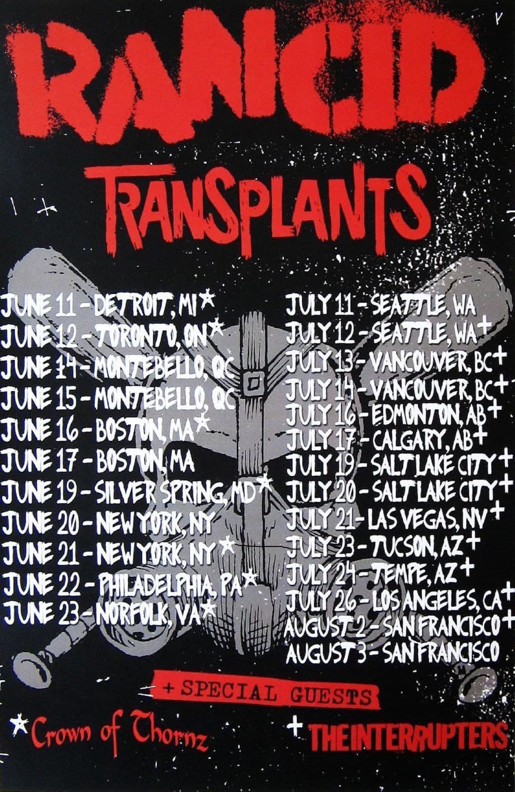 RANCID / TRANSPLANTS 2013 NORTH AMERICAN CONCERT TOUR POSTER - Logos Above Dates