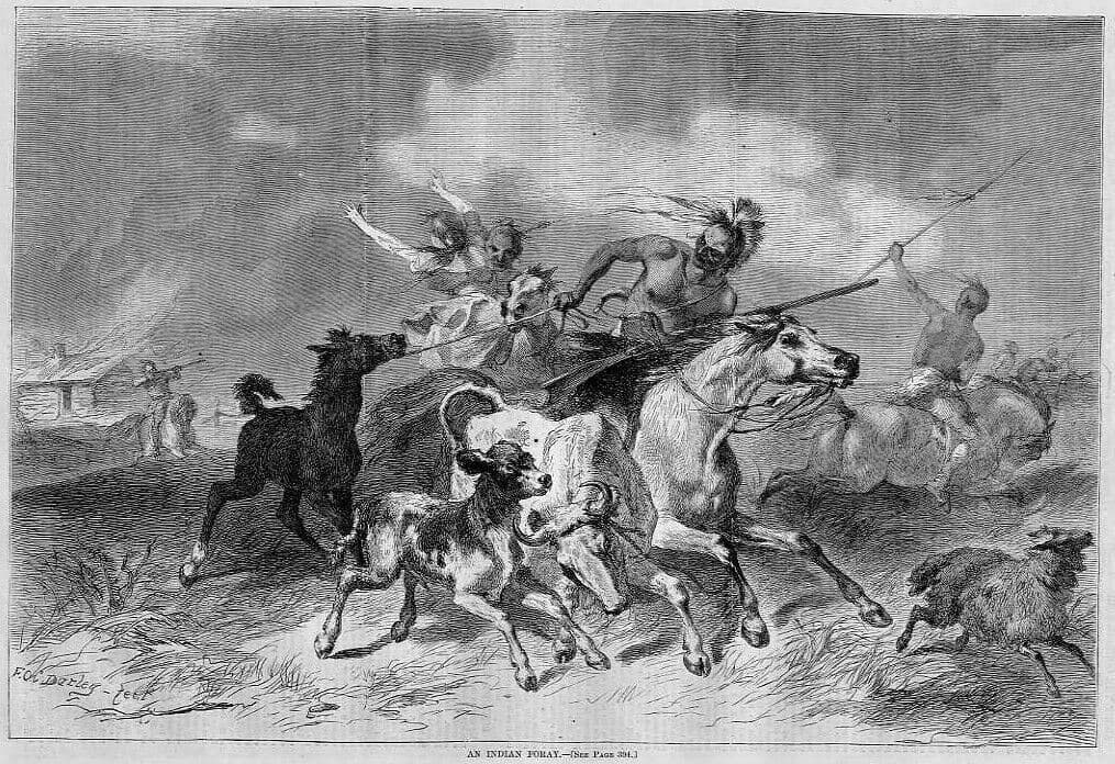 INDIAN FORAY ATTACKING SETTLERS STEALING HORSES DARLEY