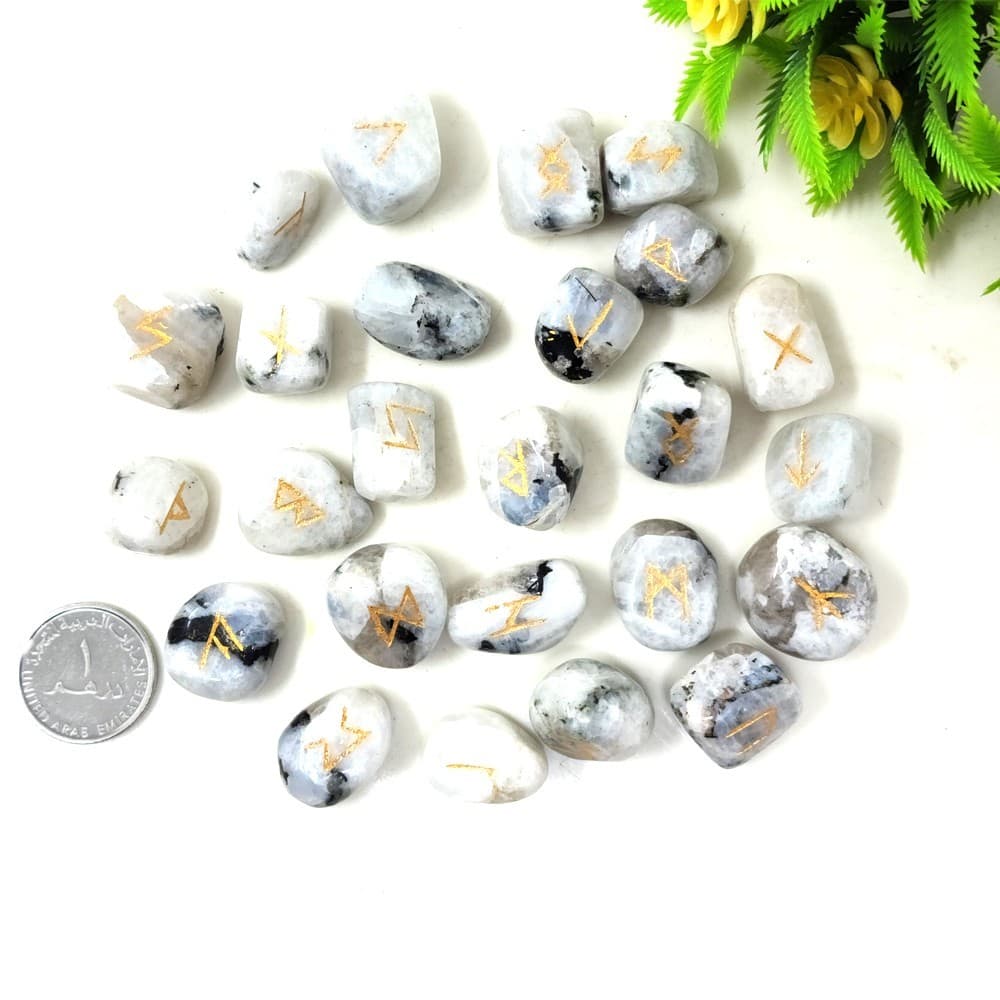 White Rainbow Moonstone Rune Set | 25 Hand-Carved Viking Runes for Wicca Gift