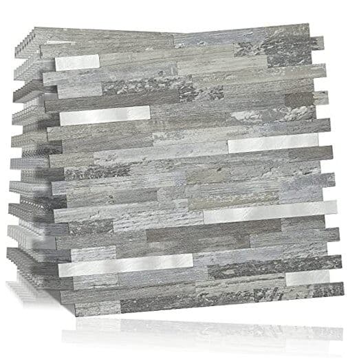 -Sheet Peel and Stick Backsplash Wall 10 Distressed Wood with Metal Silver