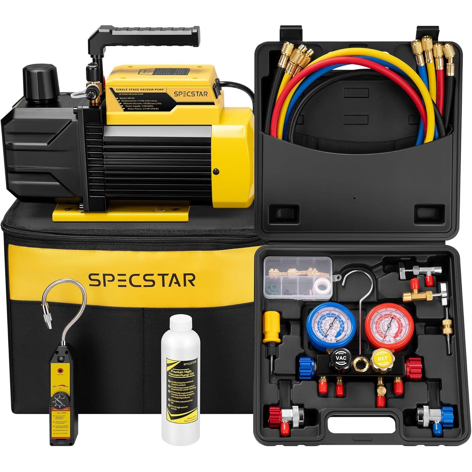 Air Vacuum Pump 1/3 HP 5 CFM & 4 Way Manifold Gauge Set HVAC AC Refrigerant Kit