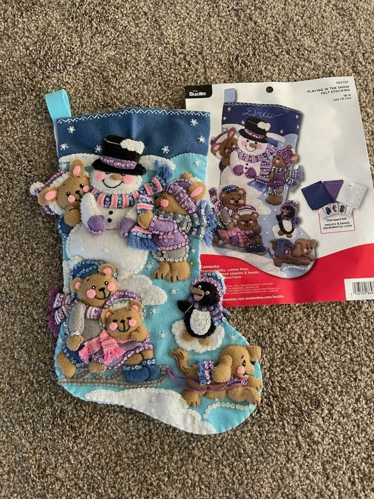 Bucilla Felt Christmas Stocking 'Playing in the Snow' Finished, Free...