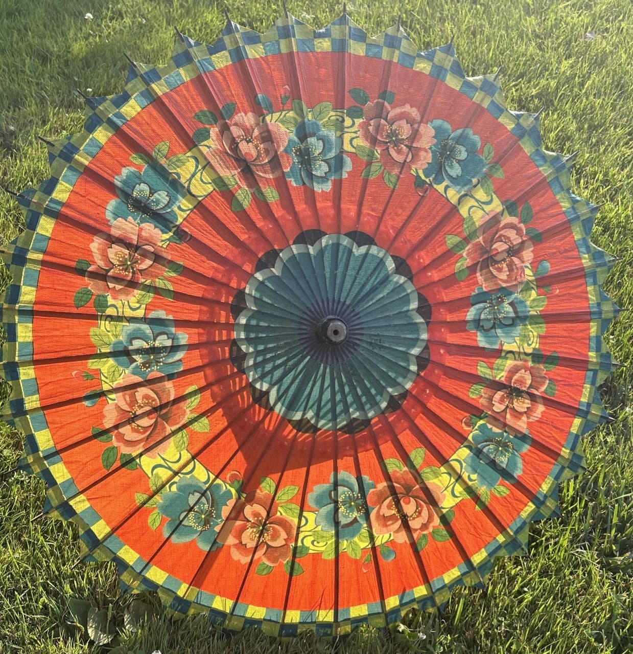 Vintage Japanese Chinese Bamboo Rice Paper Wood Umbrella Parasol