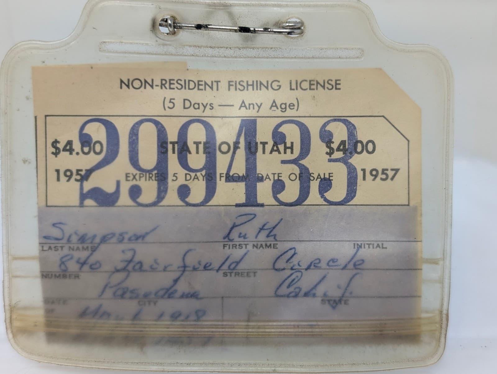 VTG NON RESIDENT FISHING LICENSE - STATE OF UTAH - Five Day PERMIT 1957