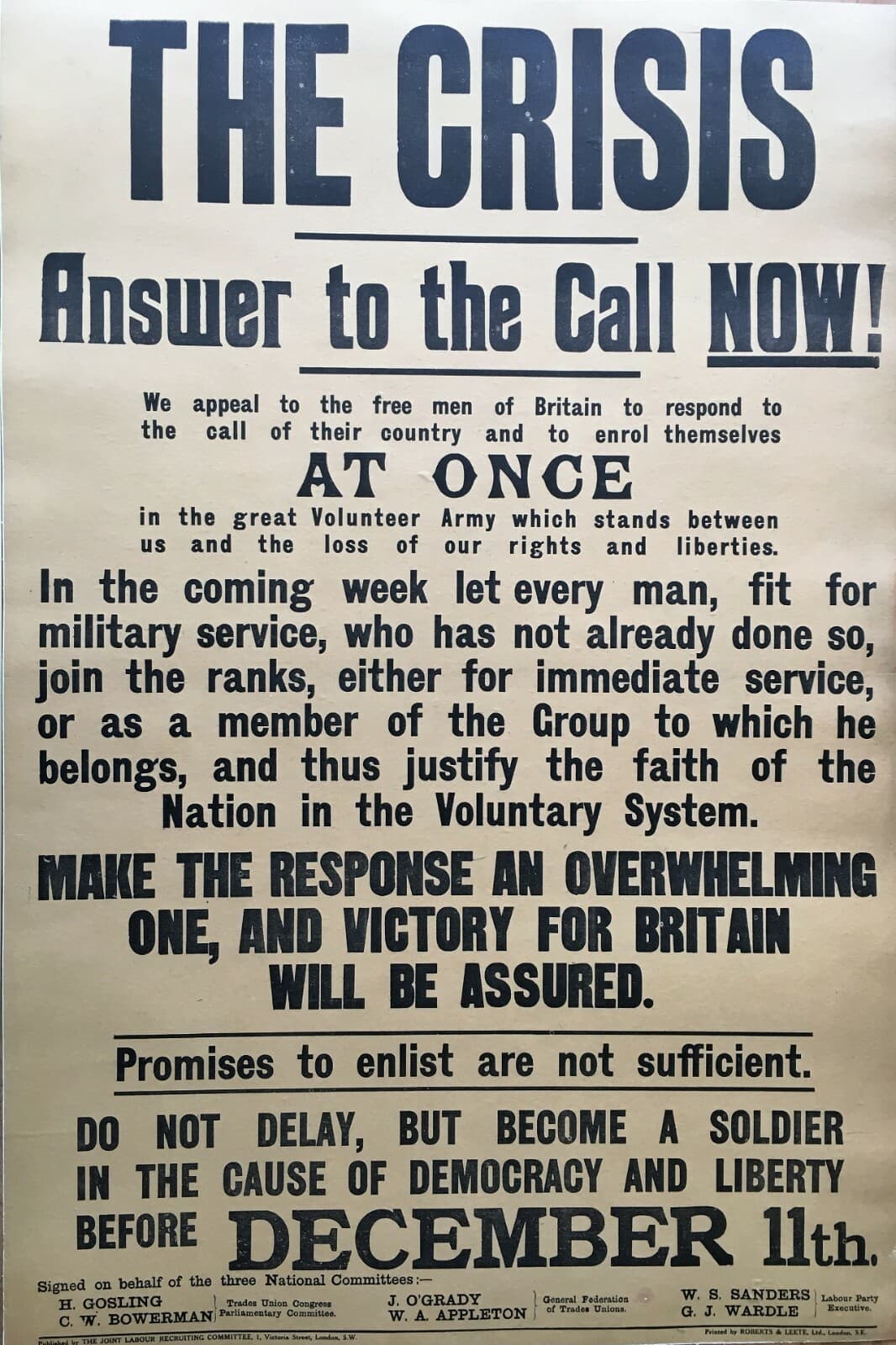 Very scarce "The Crisis" British Great War Broadside