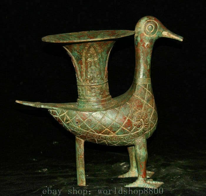 12" Old Chinese Xizhou Dynasty Bronze Ware Quack-quack Duck Zun Wine Vessel