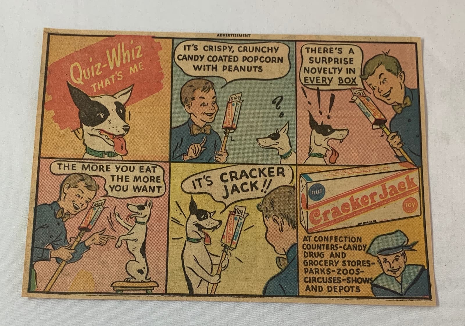 1949 Cracker Jack cartoon ad ~ QUIZ WHIZ talking dog