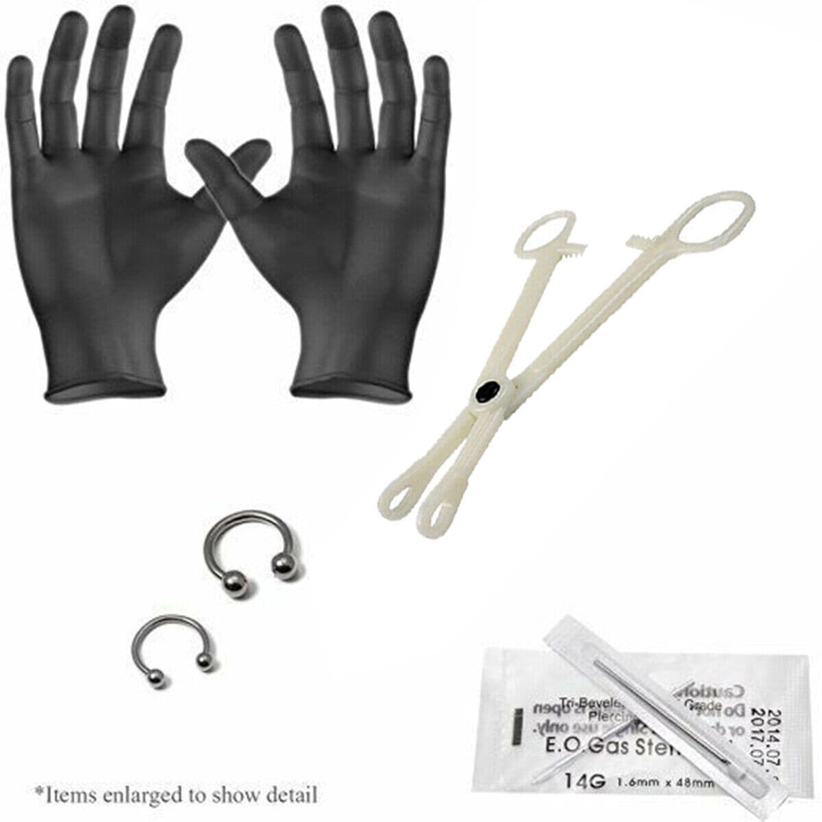 Septum Body Piercing Kit 14G And 16G Horseshoe,Needles,Forceps,Gloves