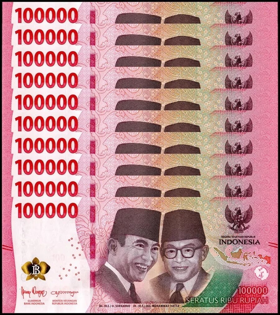 (2) MILLION INDONESIA RUPIAH - 20 x 100,000 IDR Banknotes - AUTHENTIC 2022 ISSUE