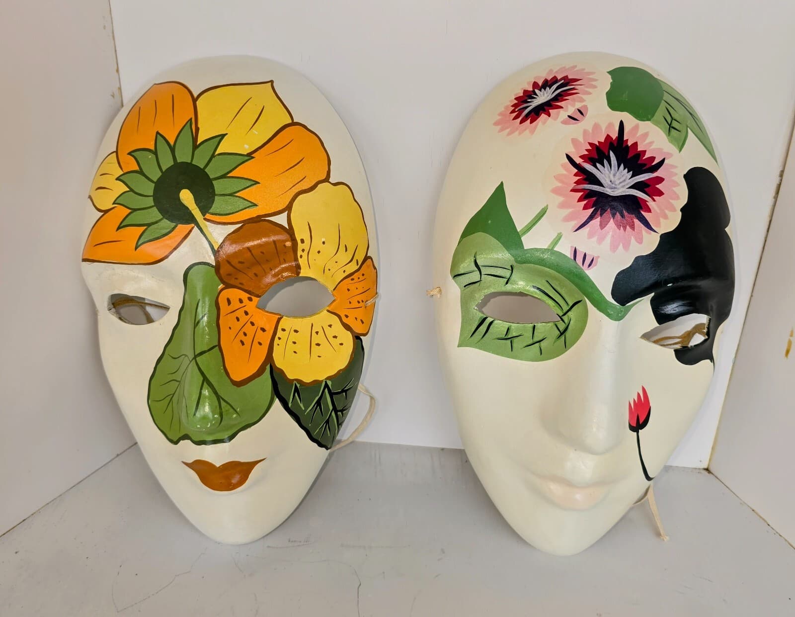 JEN8006 Vintage Ceramic Floral Masks 10"X 6" (Two Incl.) Elastic String on Back