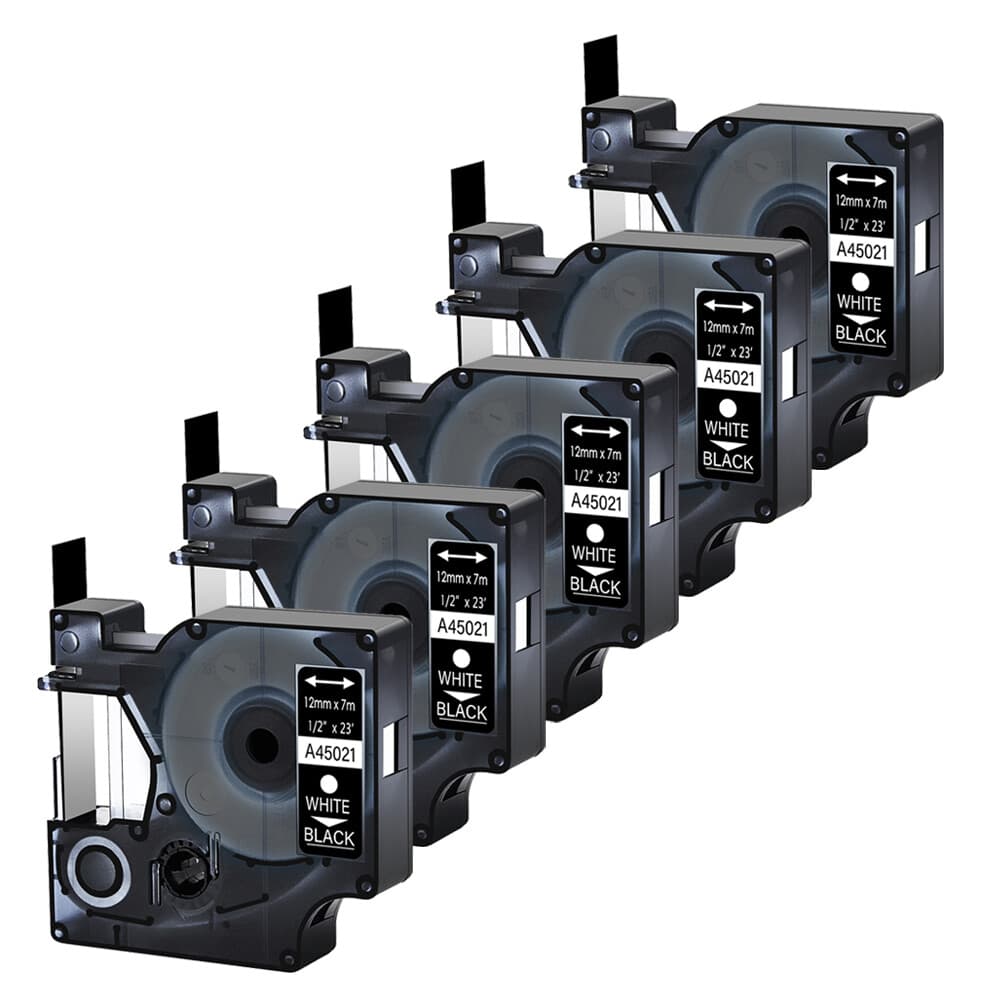 5 Pack 45021 White on Black Label Tape For DYMO D1 LabelManager 1/2" x 23‘ 12mm