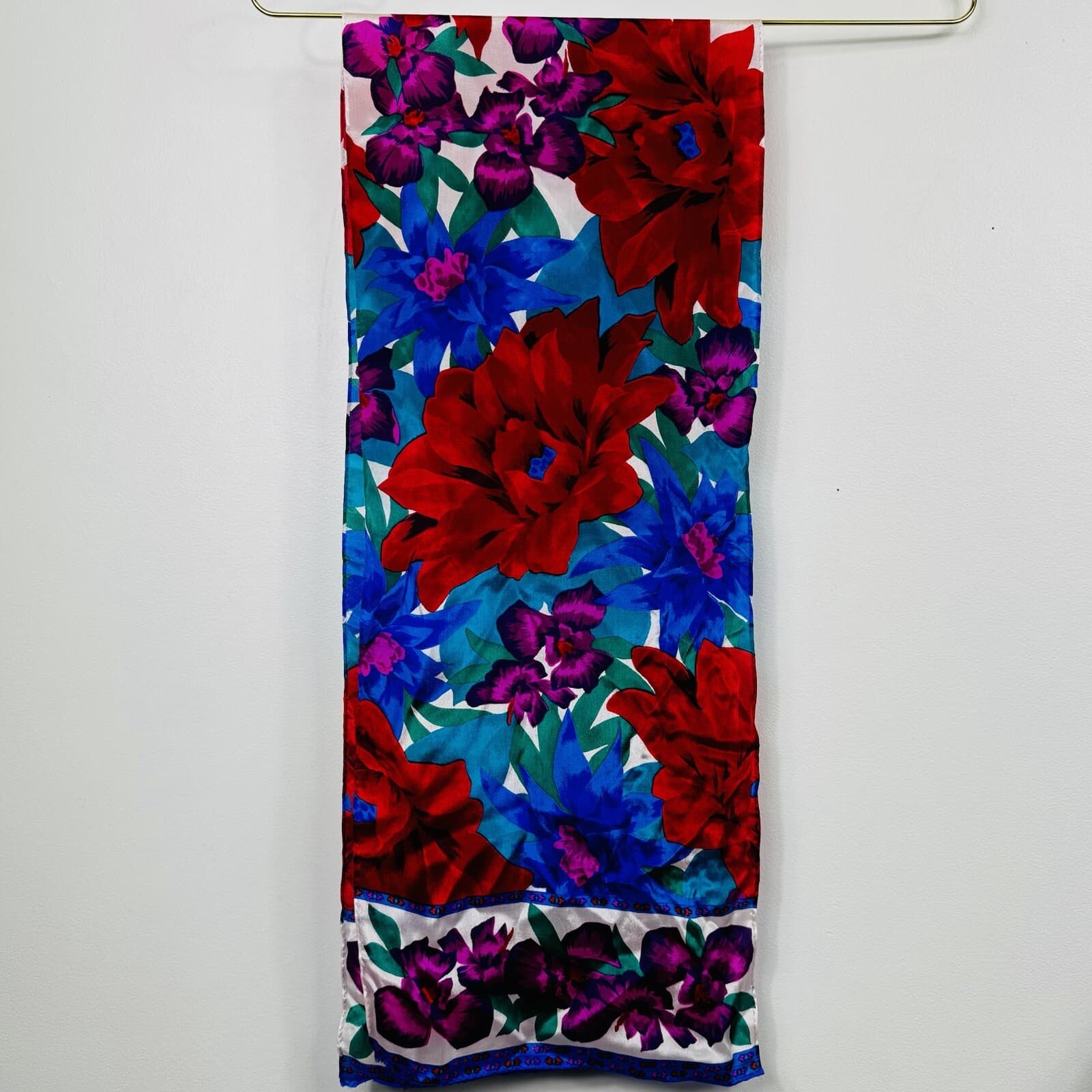 Vintage Unisex Liz Claiborne Rectangular Scarf Neck Floral Red Blue 52” X 10”