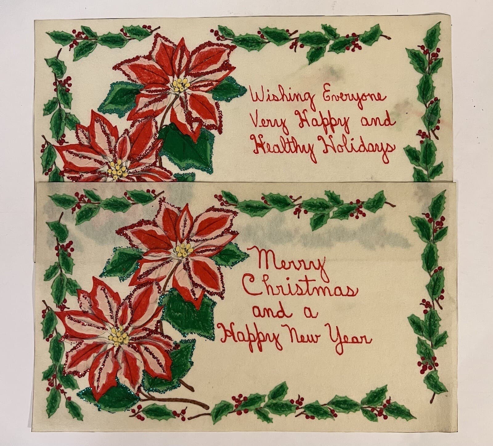 VTG Christmas Placemats (2) Hand Painted Felt Poinsettia 17x10