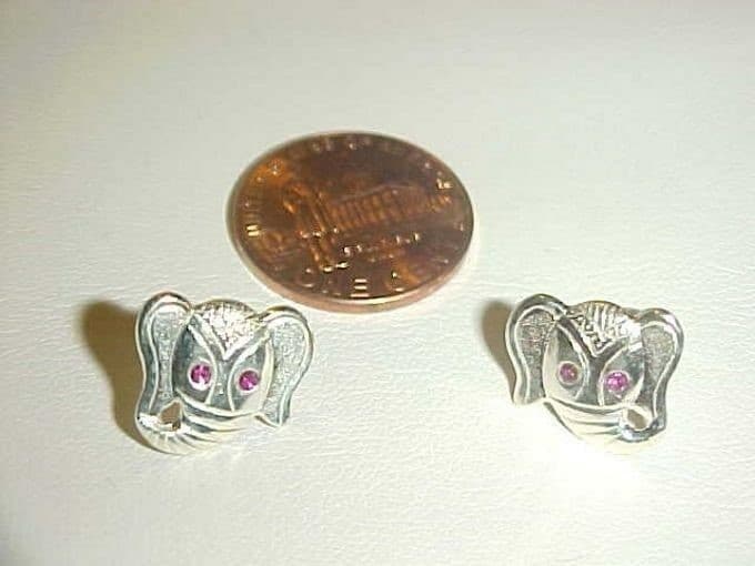 STERLING SILVER ELEPHANT TRUNK UP FUCHSIA RHINESTONE EYE 13x11mm. EARRINGS V957