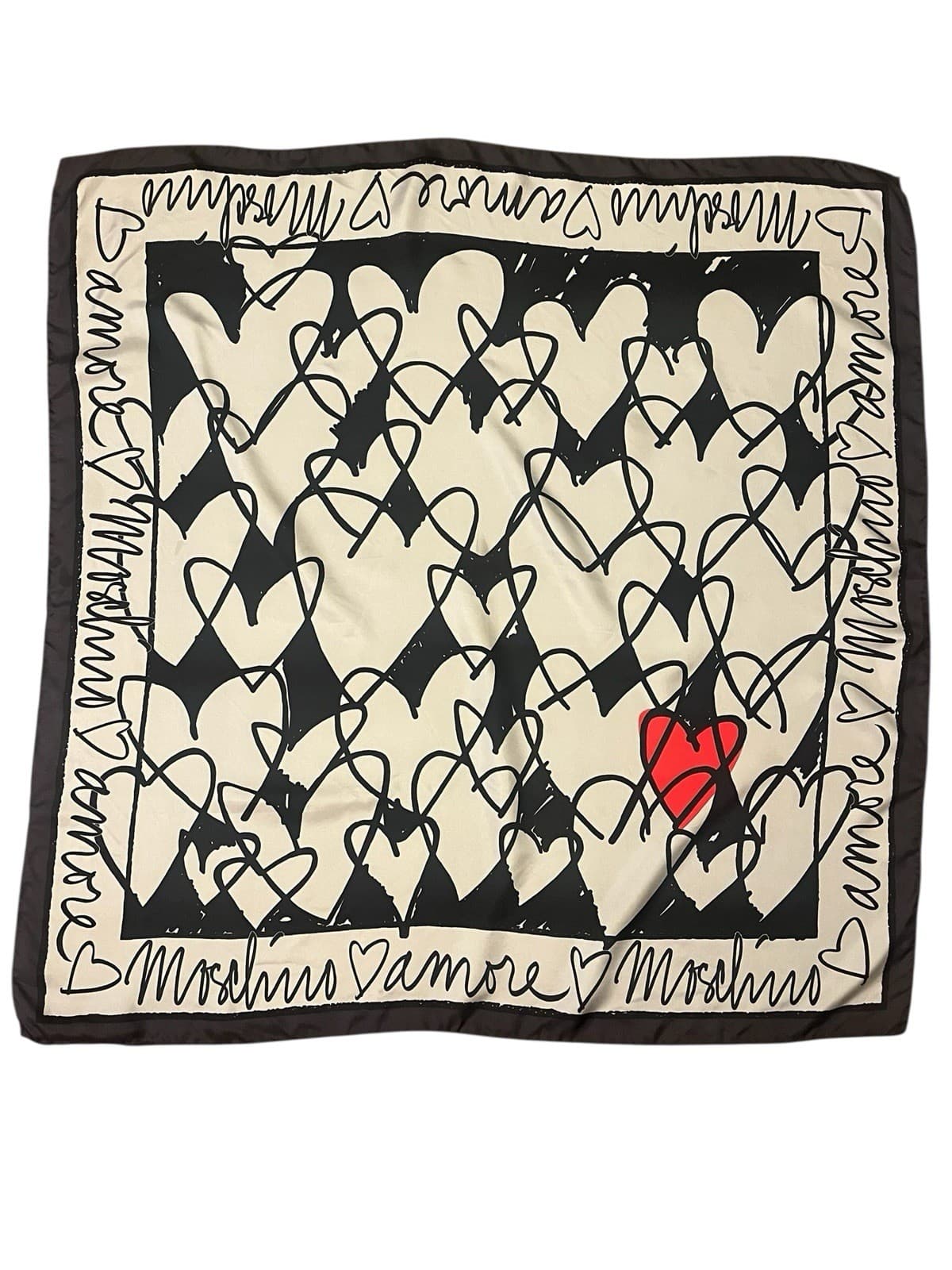Vtg 2000’s MOSCHINO Archivio Red, Black Silver Silk Heart Scarf Size 34” x 34”