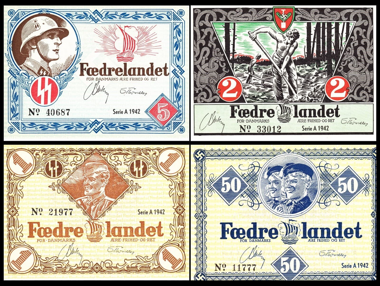 Currency Denmark 1942 WW2 Danish Legion Feldpost War Occ Set Unc AUTHENTIC!!!