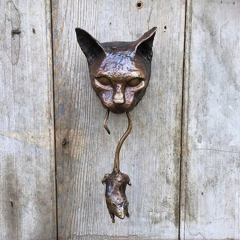 Cat and Mouse Door Knocker Knobs Sculpture Ornament Front Door Wall Home Garden