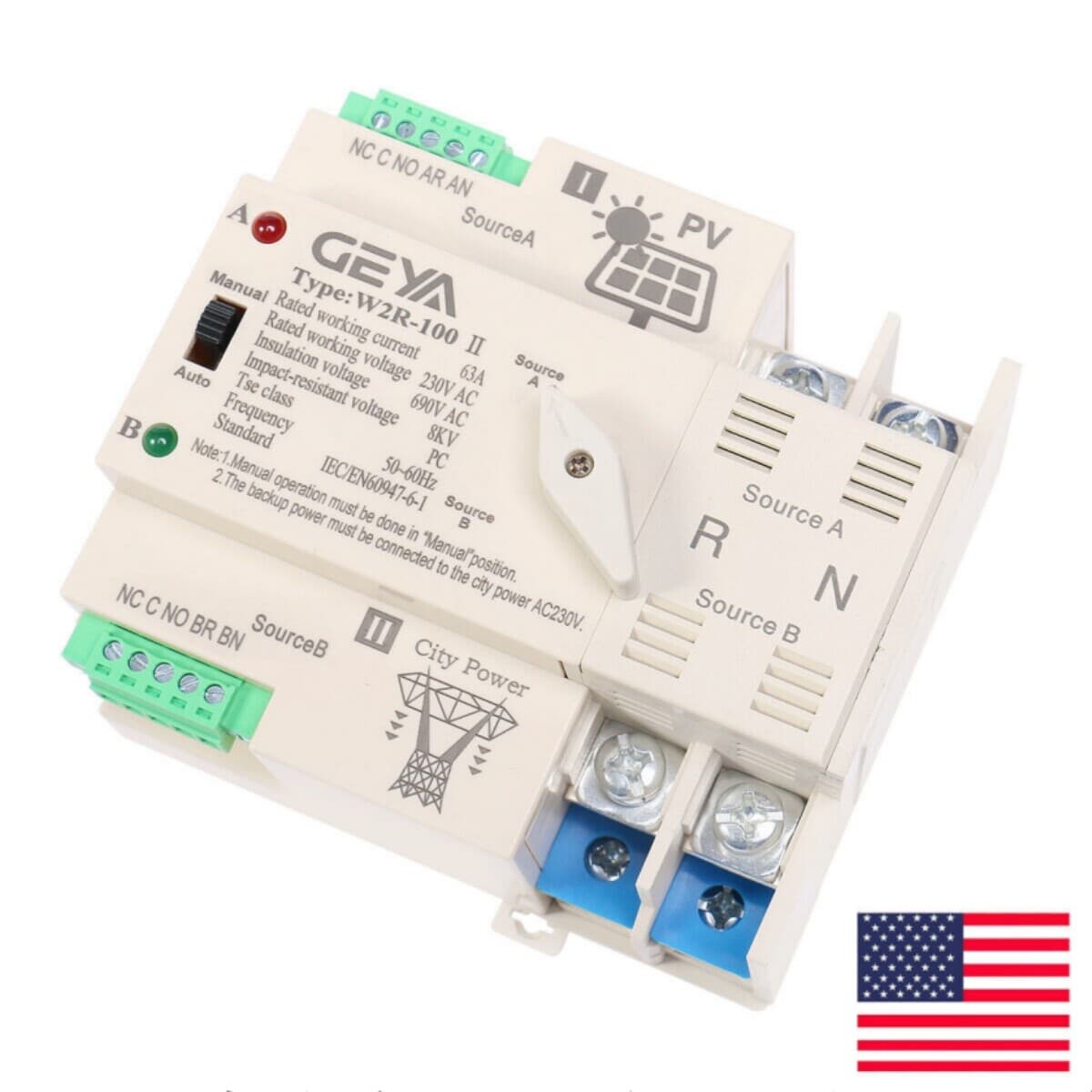 GEYA Solar Inverter Dual Power Automatic Transfer Switch 2P 63A 220V PV To Grid