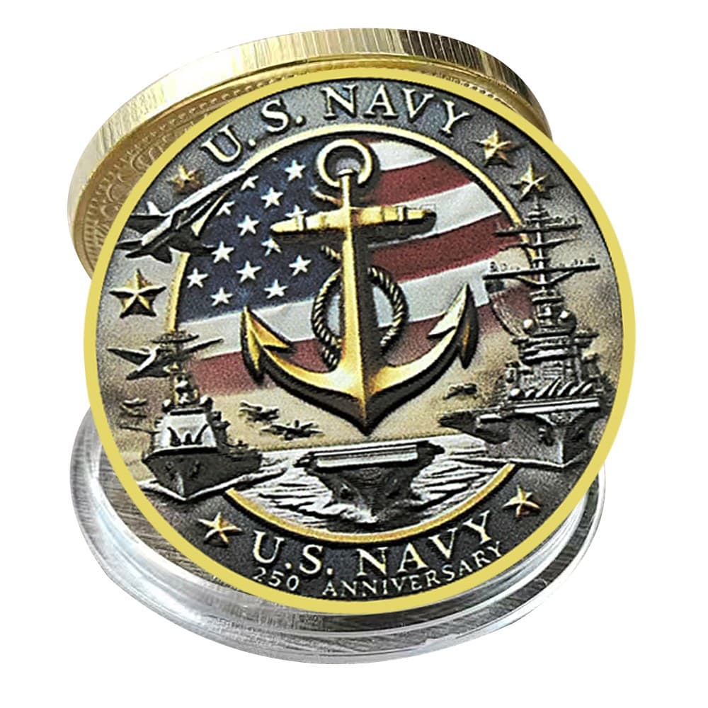 U.S. Navy 250th Anniversary Challenge Coin Anchor Warship Flag Design Medal