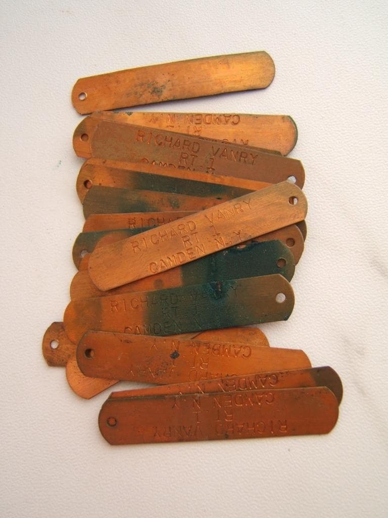 20 VINTAGE COPPER TRAP TAGS INDENTIYING TAGS