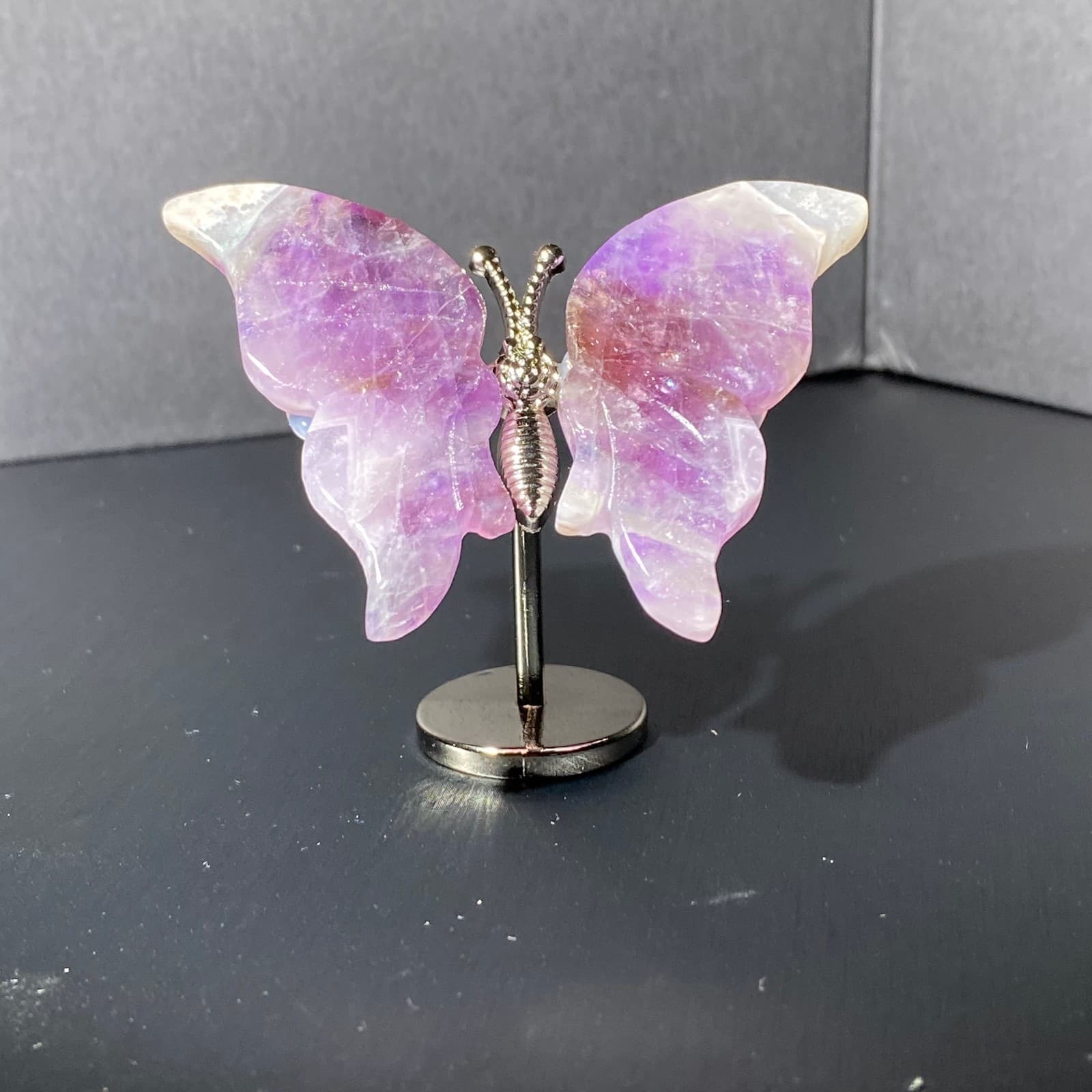 Natural Crystal Fluorite Butterfly Wings Healing Statue Decor + Stand