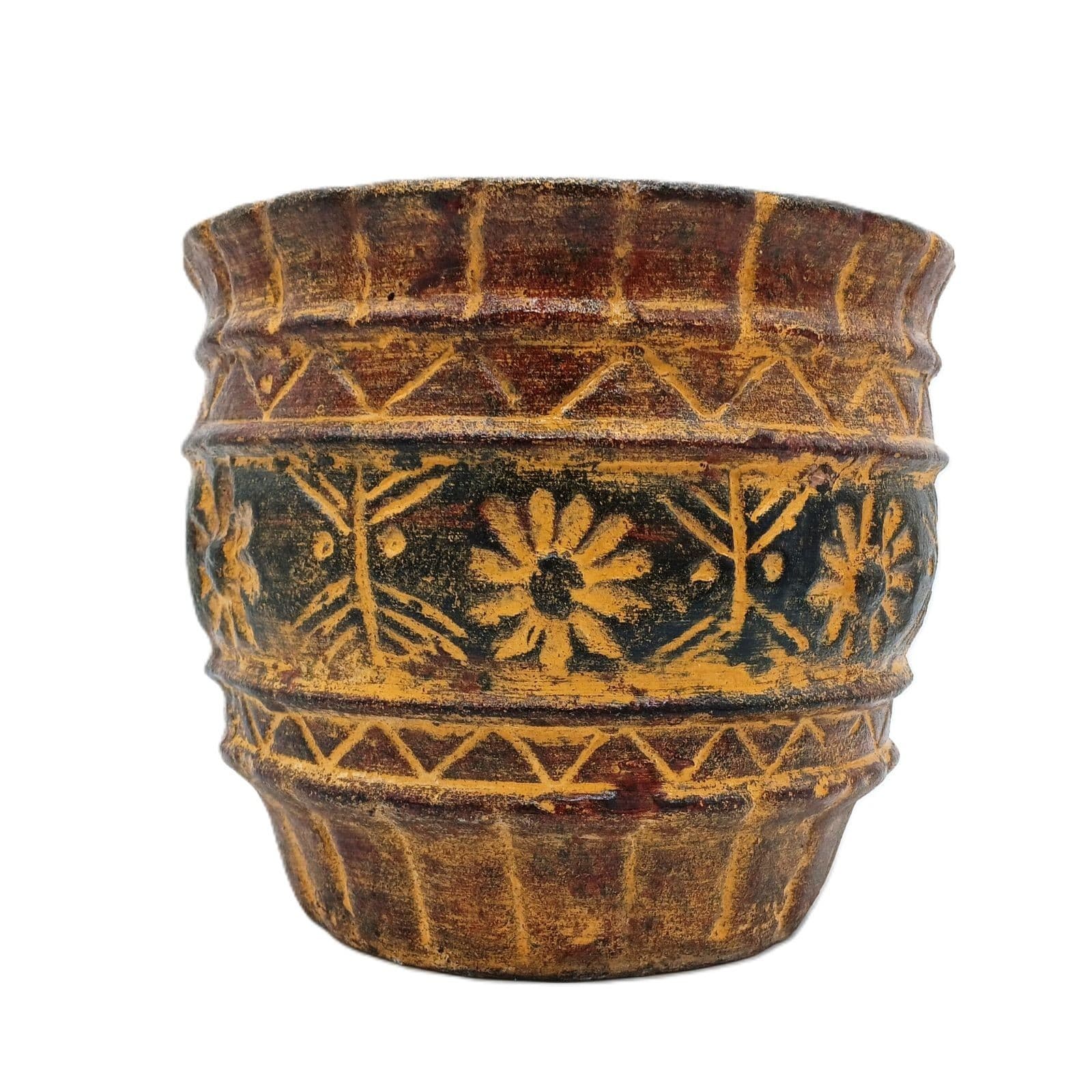 Rustic Clay Pottery Planter Mexican Flower Pot Natural Brown Ochre Black 11in