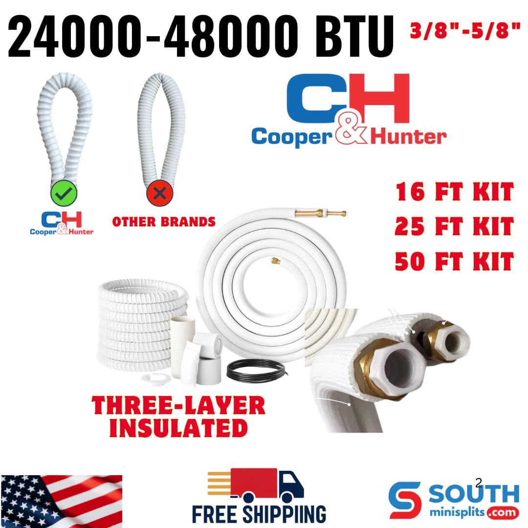 Extra Insulated Line Set 3/8"-5/8" Mini Split Kit 16ft/25ft/50ft for 24k-48k BTU